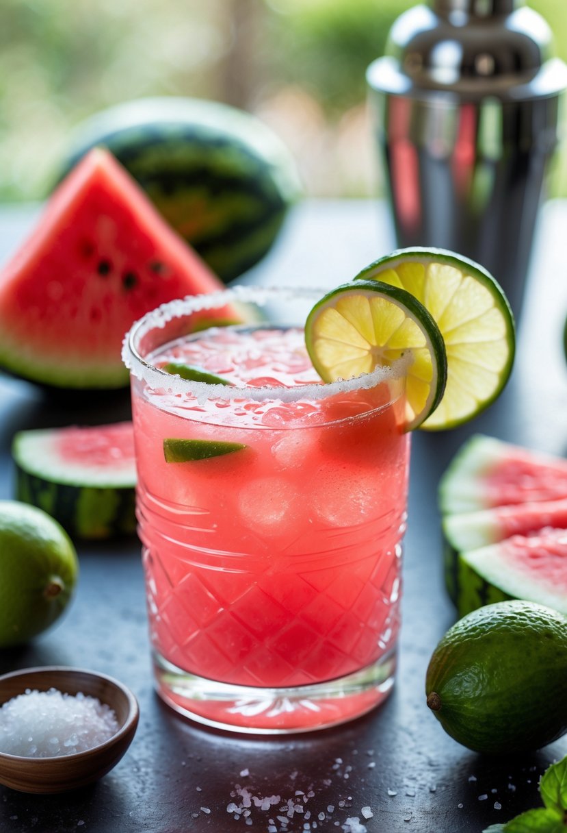 A glass of watermelon Paloma cocktail garnished with watermelon and lime, surrounded by fresh watermelon slices, limes, and cocktail-making ingredients.