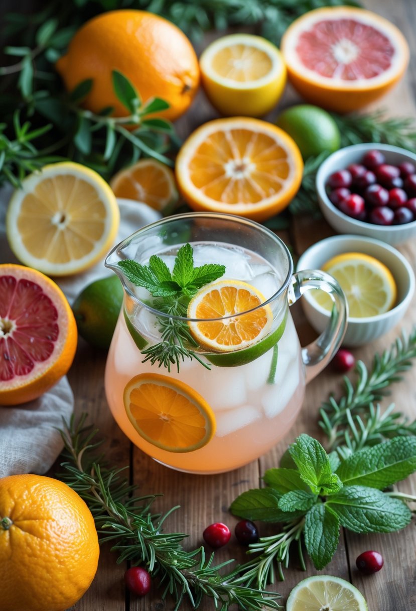 Fresh citrus fruits, herbs, cranberries, and a pitcher of winter citrus punch arranged on a wooden table.