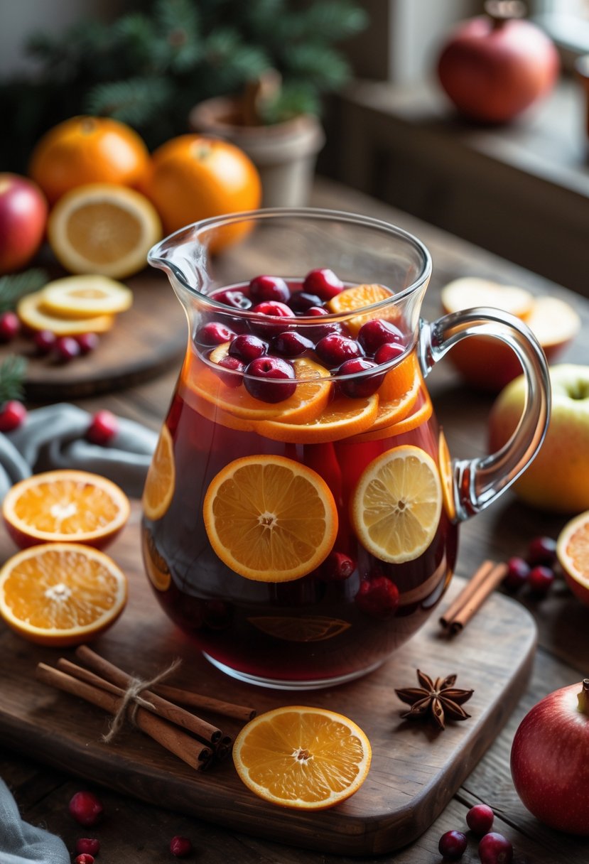 A glass pitcher of winter sangria with citrus slices, cinnamon sticks, and cranberries on a wooden table surrounded by fresh winter fruits and spices.