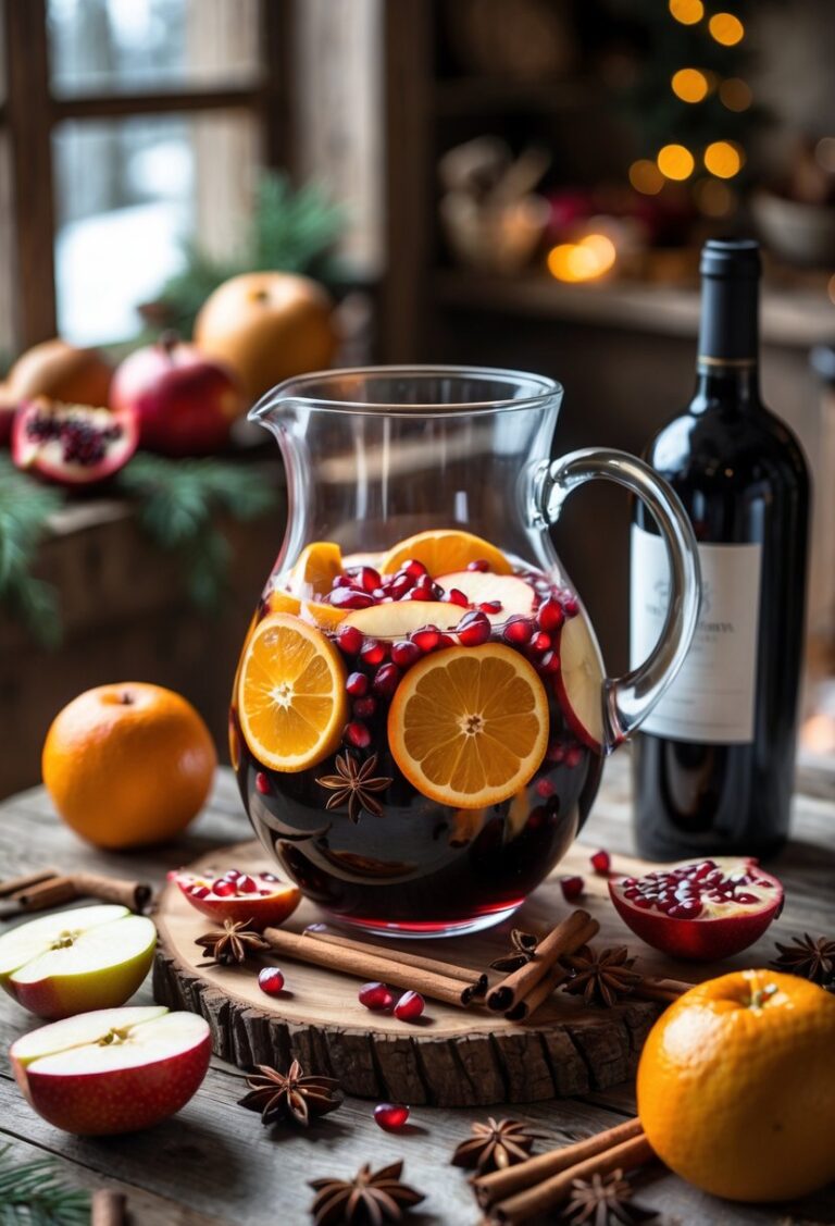 A glass pitcher of winter sangria with sliced oranges, apples, pomegranate seeds, cinnamon sticks, and star anise on a wooden table surrounded by fresh fruit and spices.