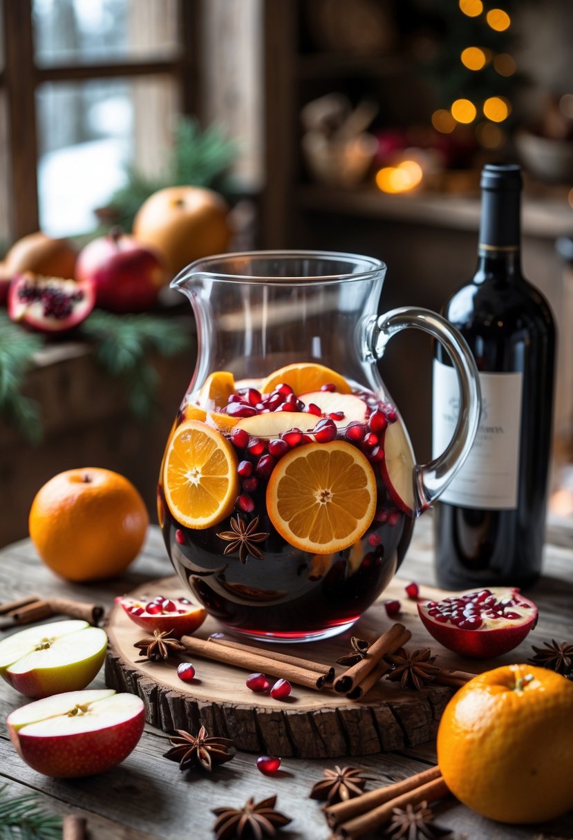 A glass pitcher of winter sangria with sliced oranges, apples, pomegranate seeds, cinnamon sticks, and star anise on a wooden table surrounded by fresh fruit and spices.