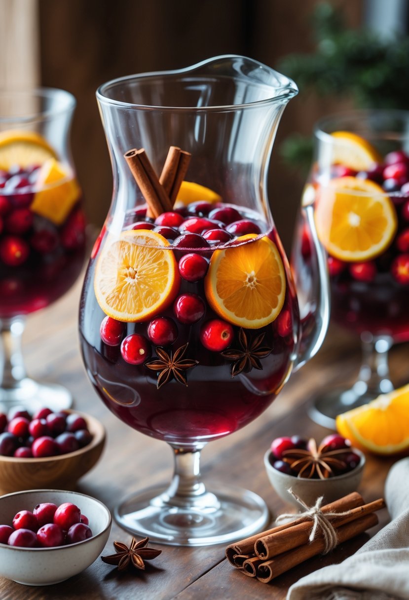 A pitcher and glasses of winter sangria garnished with citrus slices, cranberries, and spices on a wooden table.
