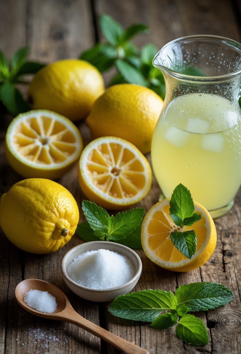 Fresh yuzu fruits, lemons, a glass pitcher of yuzu lemonade, sugar, and mint leaves arranged on a wooden table.