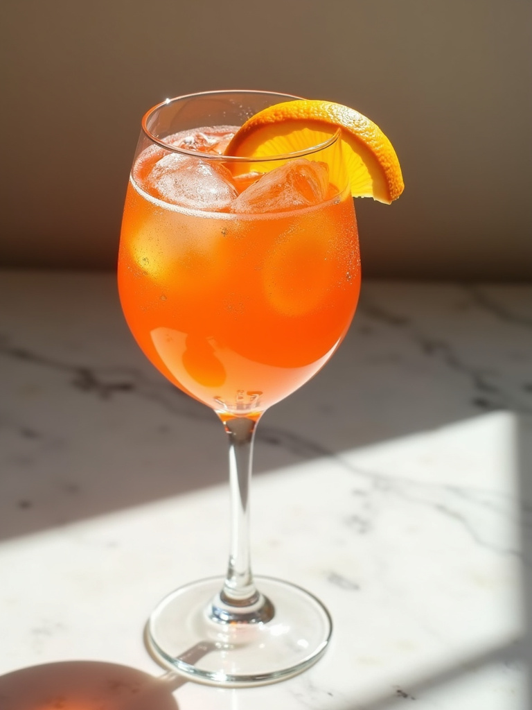 an Aperol Spritz in a wine glass.
