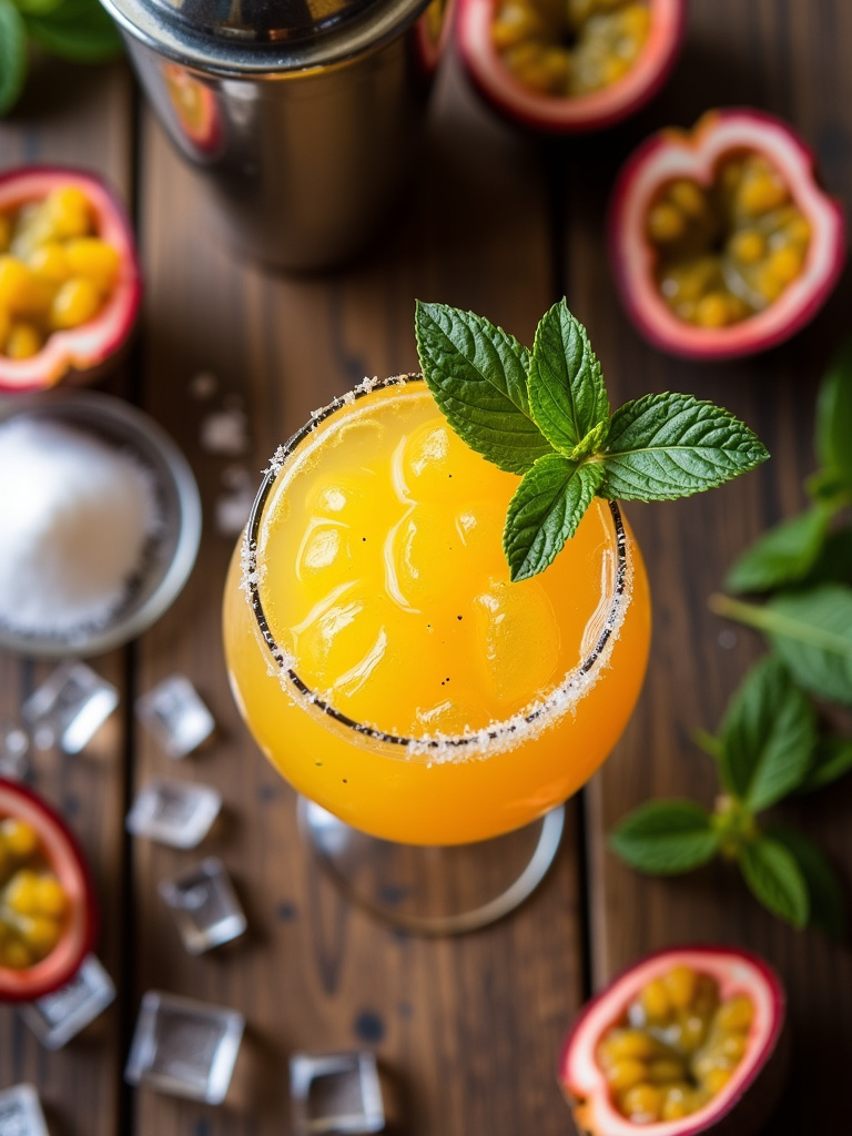 A top-down view of a bright yellow-orange Brazilian Batida cocktail in a glass, garnished with passionfruit pulp and mint. Around the glass on a rustic wooden surface are halved passionfruits, a muddler, a cocktail shaker, sugar, and scattered ice cubes, styled
