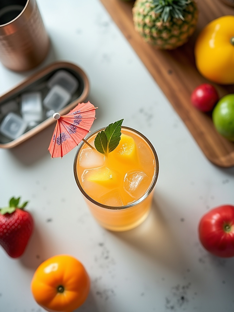 A view of a kitchen countertop featuring ingredients and tools for making a Bali Hai cocktail, with fresh tropical fruits, a colorful drink garnished with a small umbrella, ice cubes, and cocktail tools arranged neatly in bright natural lighting.