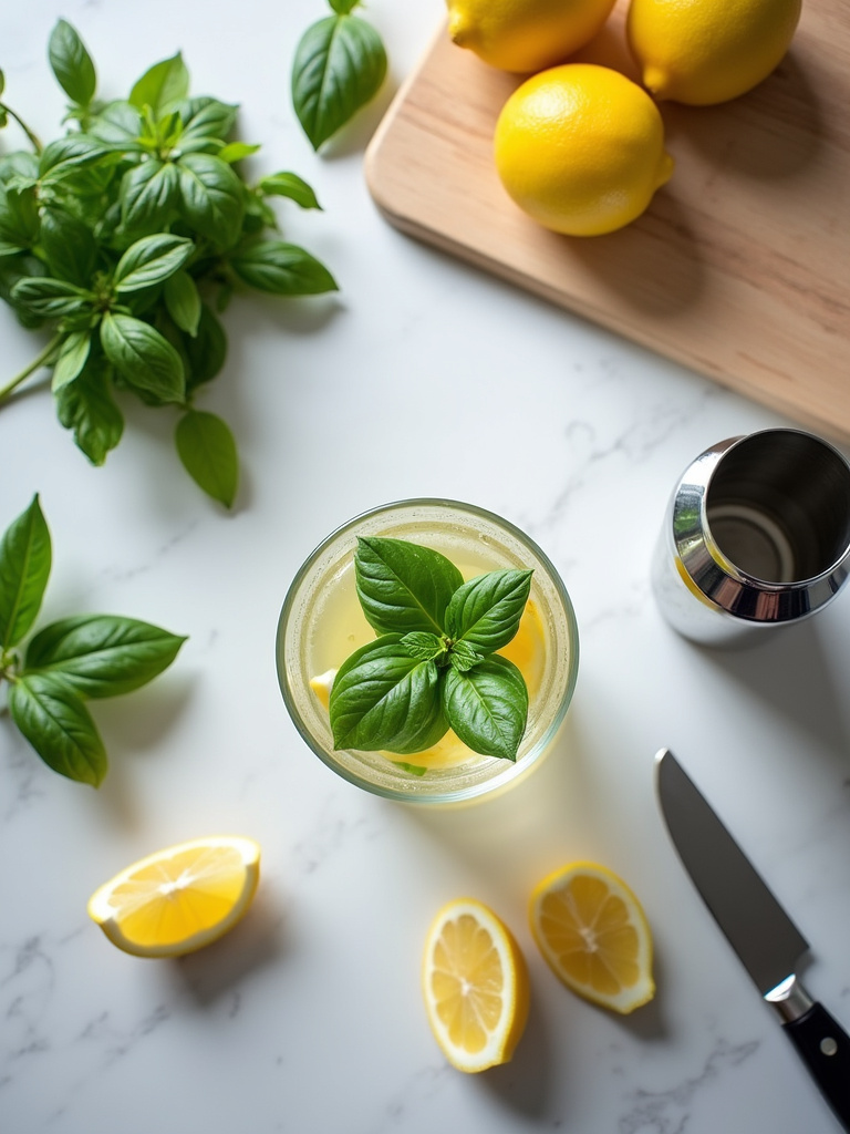 a kitchen countertop with fresh basil leaves, lemon wedges, a glass being muddled with basil, and cocktail ingredients like a shaker, knife, and cutting board neatly arranged in natural light.
