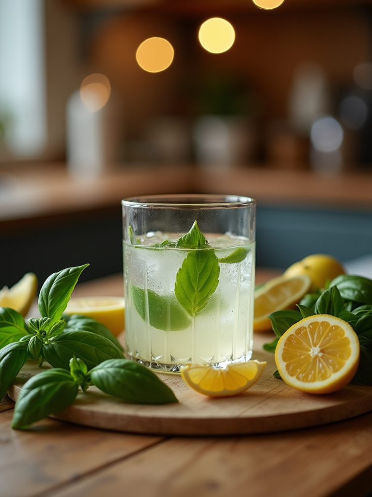A cozy kitchen countertop scene with warm lighting, showing fresh basil, lemon wedges, a glass being muddled with basil leaves, and cocktail-making ingredients arranged aesthetically on a wooden surface with a homely vibe..