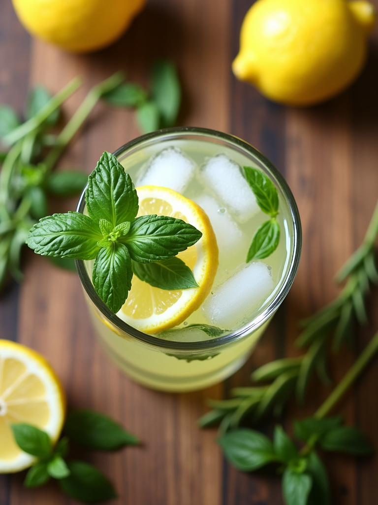 A top view of a glass of Thai basil lemonade with ice cubes, lemon slices, and fresh basil leaves, placed on a wooden surface, surrounded by scattered lemons and basil sprigs.