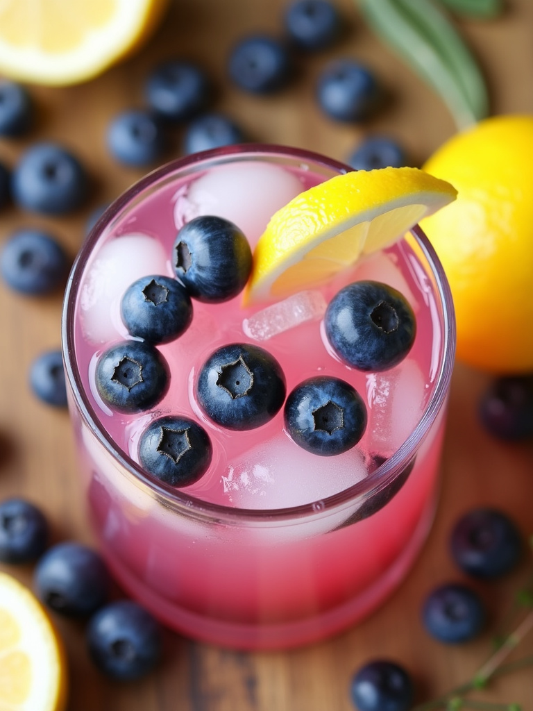 a glass of blueberry vodka lemonade garnished with fresh blueberries and a lemon slice.