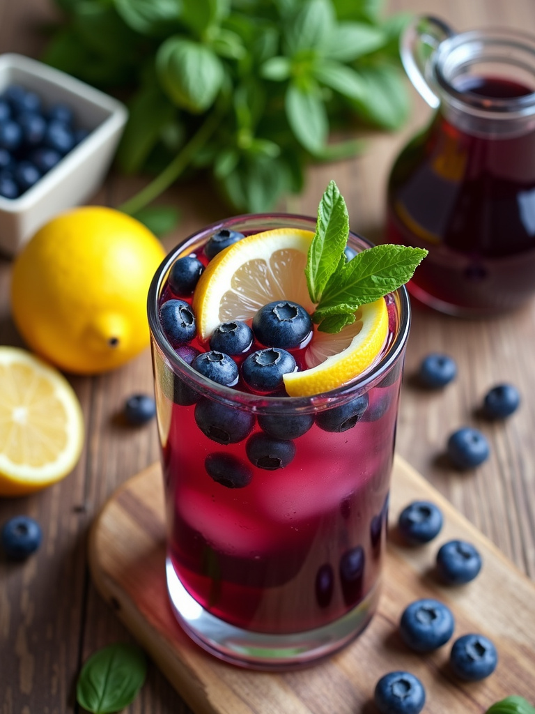 Blueberry Basil Lemonade in a clear glass, packed with crushed blueberries, basil leaves, and lemon slices.
