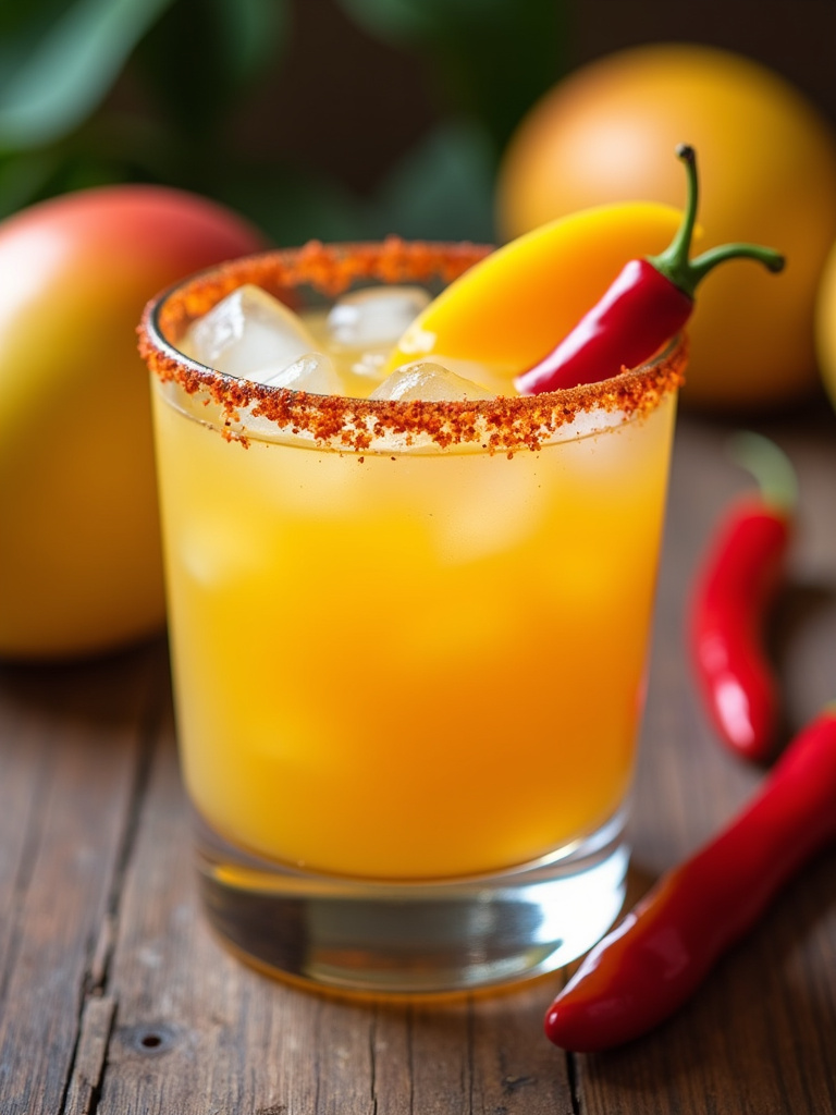 A Chili Mango Margarita in a salt-rimmed glass, garnished with a fresh mango slice and a red chili pepper, as seen in Chili Mango Margarita recipe.