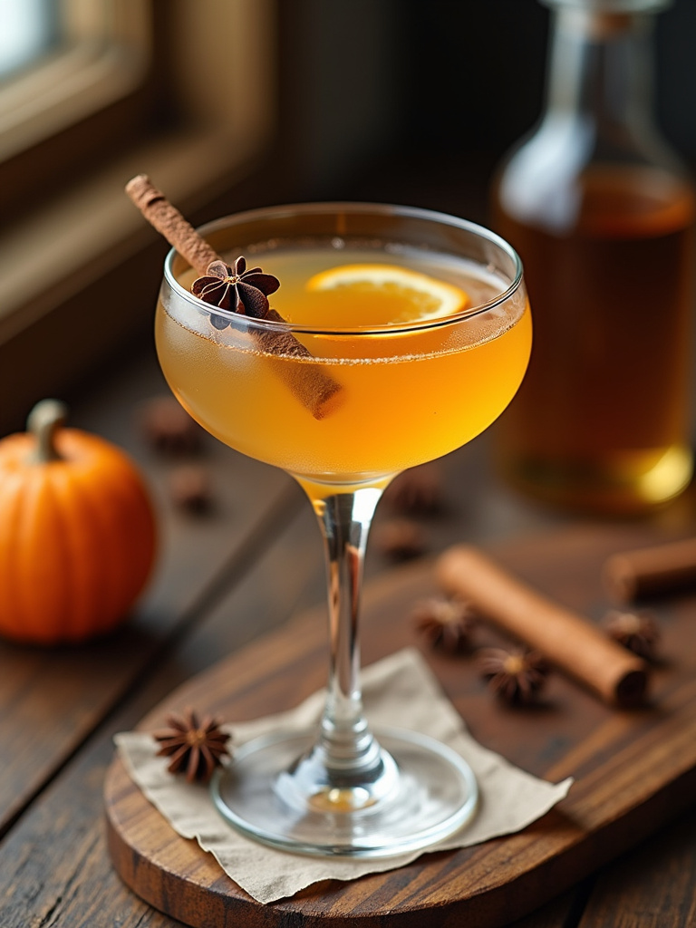 A martini glass with a clove spiced cocktail garnished with cloves and orange peel on a wooden surface with spices and cocktail tools nearby.