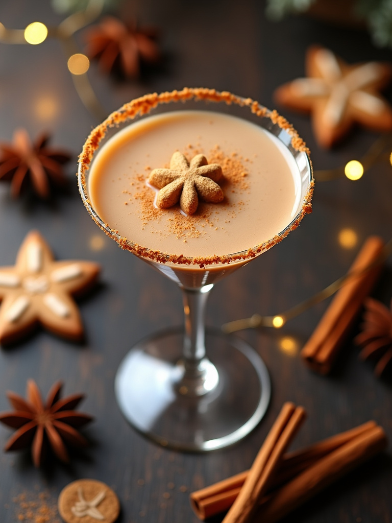 a gingerbread martini served in a classic martini glass