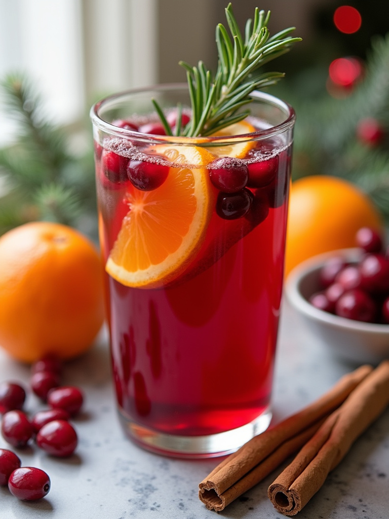 A glass of red holiday sangria garnished with orange slices, cranberries, cinnamon sticks, and rosemary, surrounded by fresh fruit and holiday decorations on a kitchen countertop.