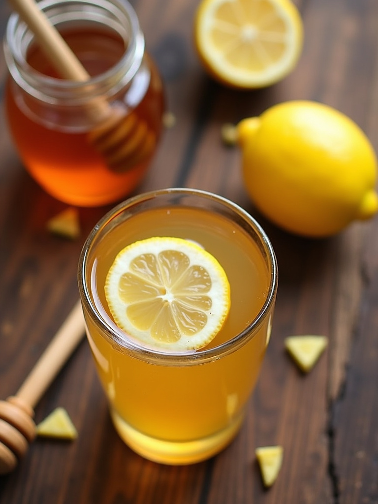 a glass cup of honey lemon tea with a lemon slice, a jar of honey with a honey dipper, and fresh lemon on a wooden surface.