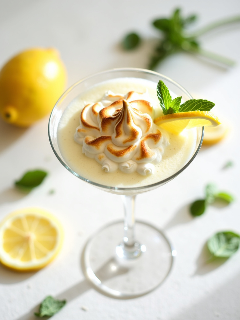 A view of a Lemon Meringue Martini in a martini glass, topped with golden toasted meringue and a lemon twist garnish, styled on a white textured surface with scattered lemon slices and mint sprigs