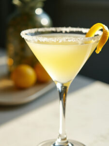 a lemon drop martini served in a classic martini glass.