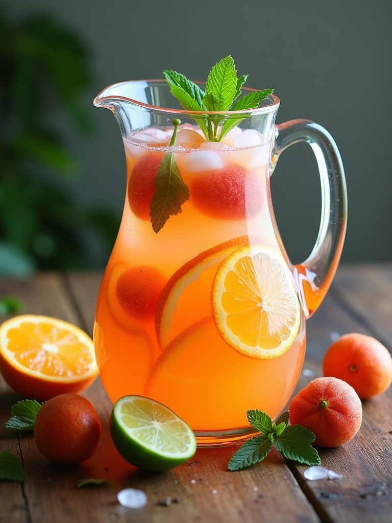 A clear glass pitcher of lychee sangria filled with citrus slices, lychees, mint leaves, and ice cubes, placed on a rustic wooden table surrounded by fresh lychees, orange wedges, lime slices, and sprigs of mint.