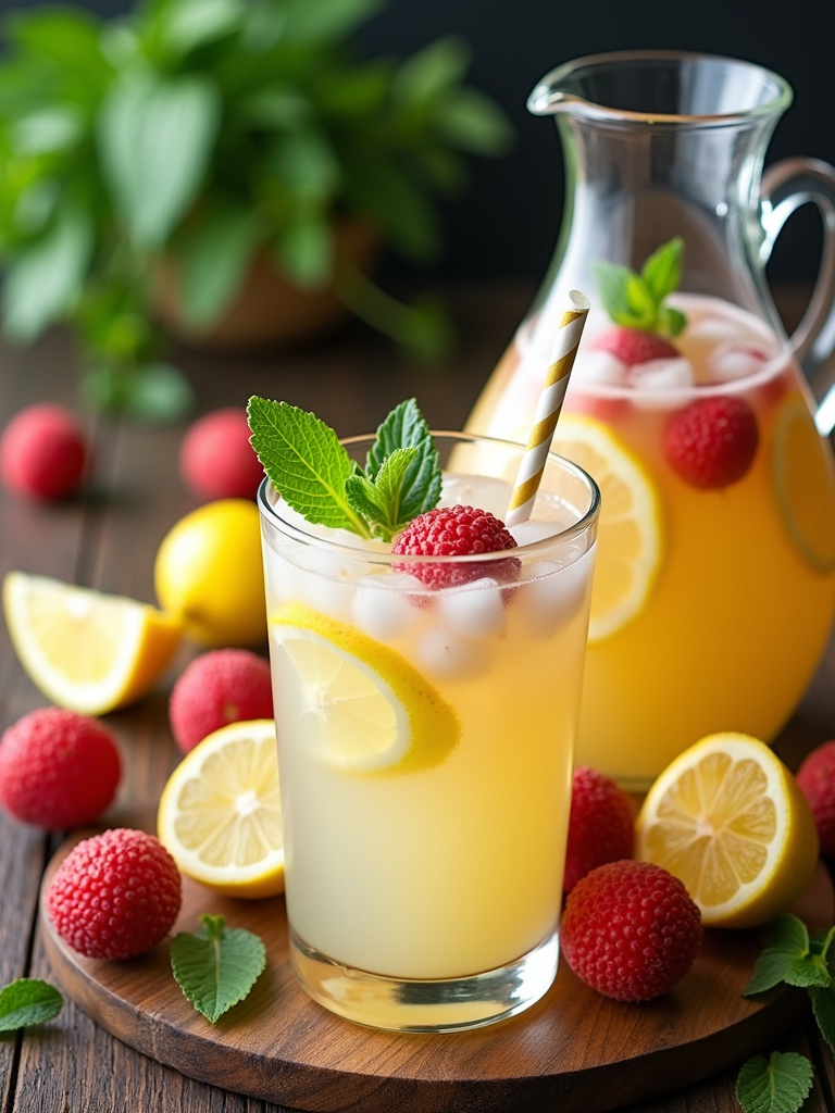 A wooden table setup with a glass and a pitcher of lychee lemonade, garnished with lemon slices and mint.