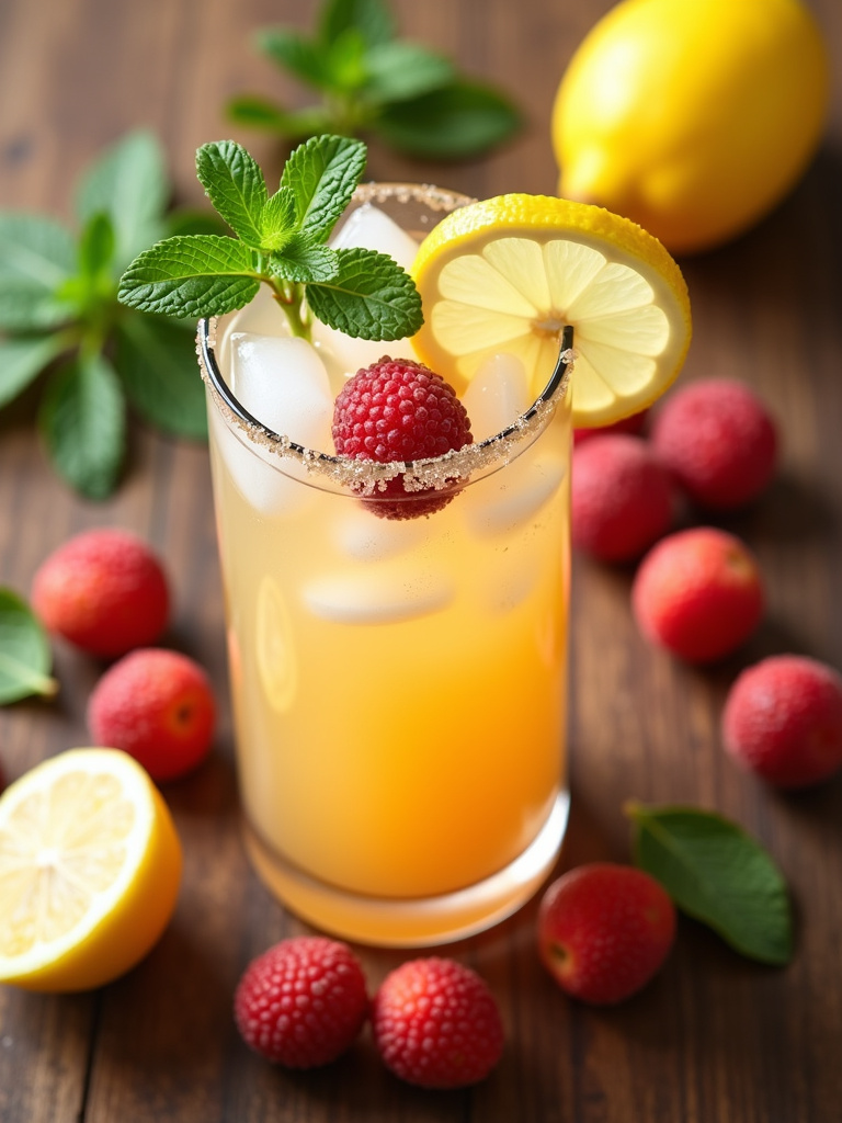 A top-angle shot of a glass of lychee lemonade garnished with a lemon slice and mint.