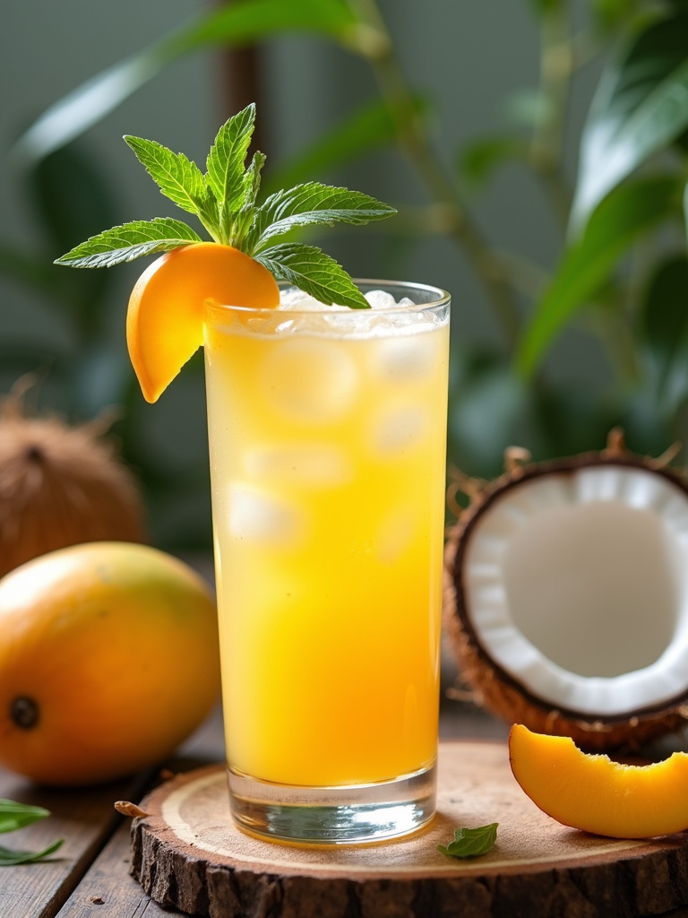 A tall glass of mango coconut fizz drink garnished with mint and mango slice, surrounded by mangoes and coconut halves on a wooden table.