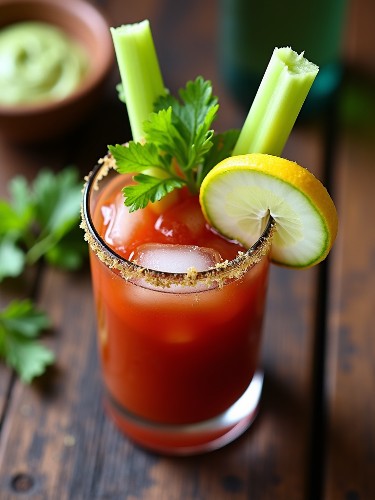 A top-angle shot of a small glass of Wasabi Bloody Mary, garnished with celery, a lemon wedge, a cucumber slice, and a touch of wasabi on the rim.