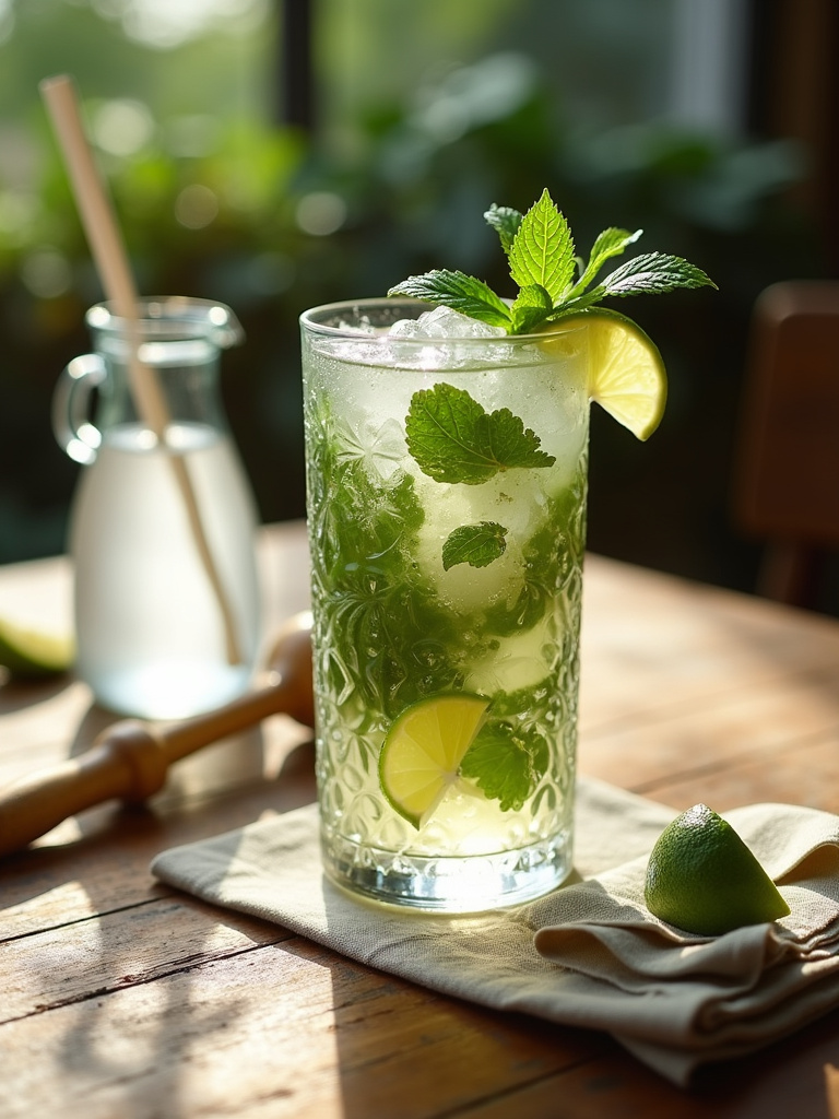 a refreshing Virgin Mojito in a clear glass filled with ice, lime wedges, and fresh mint leaves. Styled on a light wooden table.