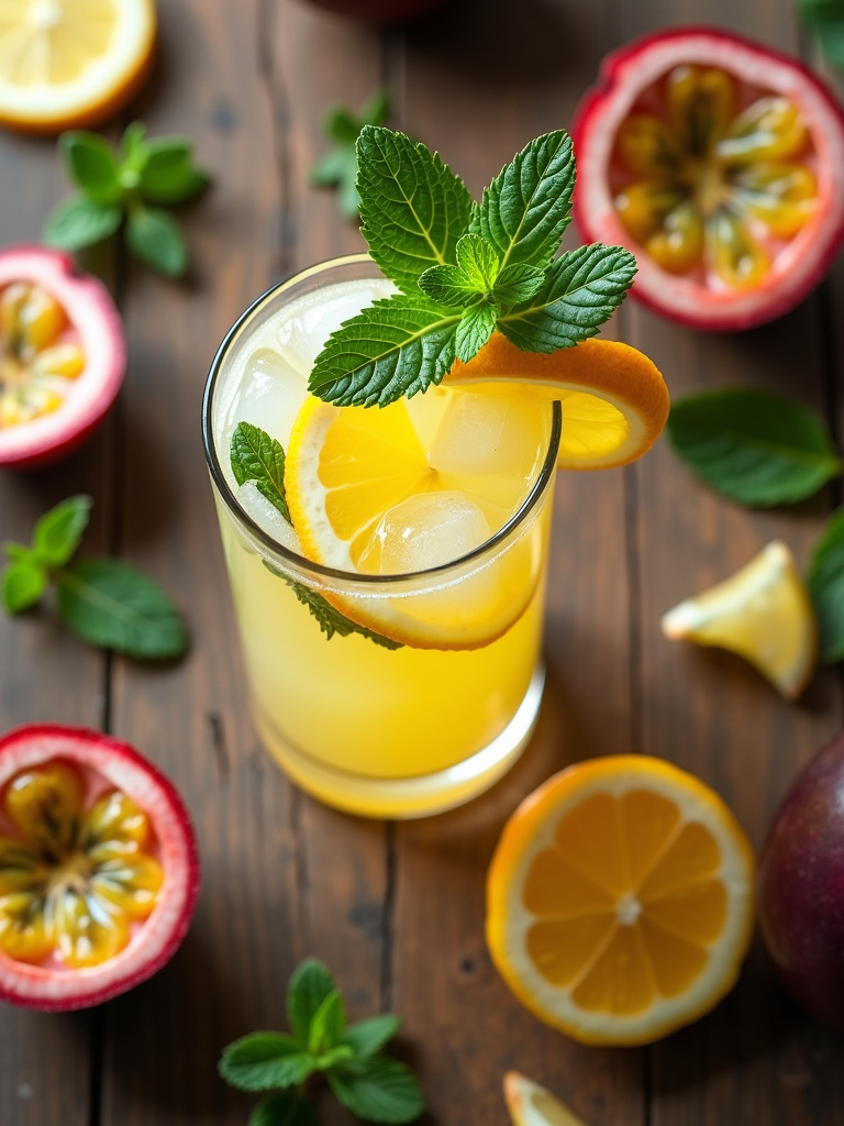 a glass of passionfruit mint lemonade with ice, garnished with mint leaves and passionfruit slices, placed on a rustic wooden table, surrounded by halved passionfruits, mint sprigs, and scattered citrus.