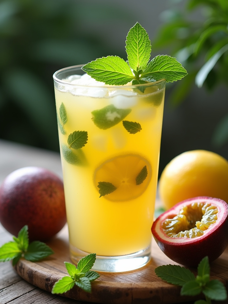 A glass of passionfruit mint lemonade, garnished with fresh mint leaves and passionfruit slices, placed on a rustic wooden table, surrounded by whole and halved passionfruits with sprigs of mint, styled in soft natural light.