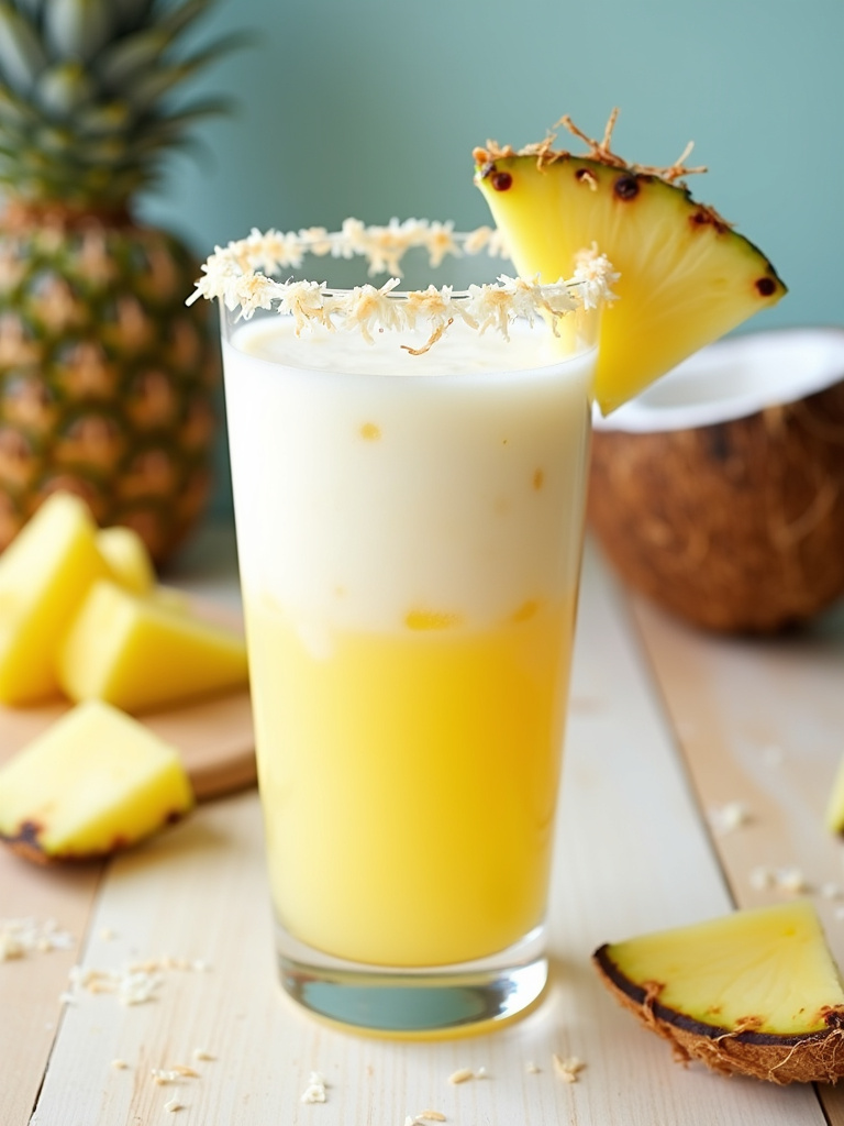 pineapple coconut refresher, pale yellow and creamy white layers visible, garnished with a fresh pineapple wedge and coconut flakes on the rim
