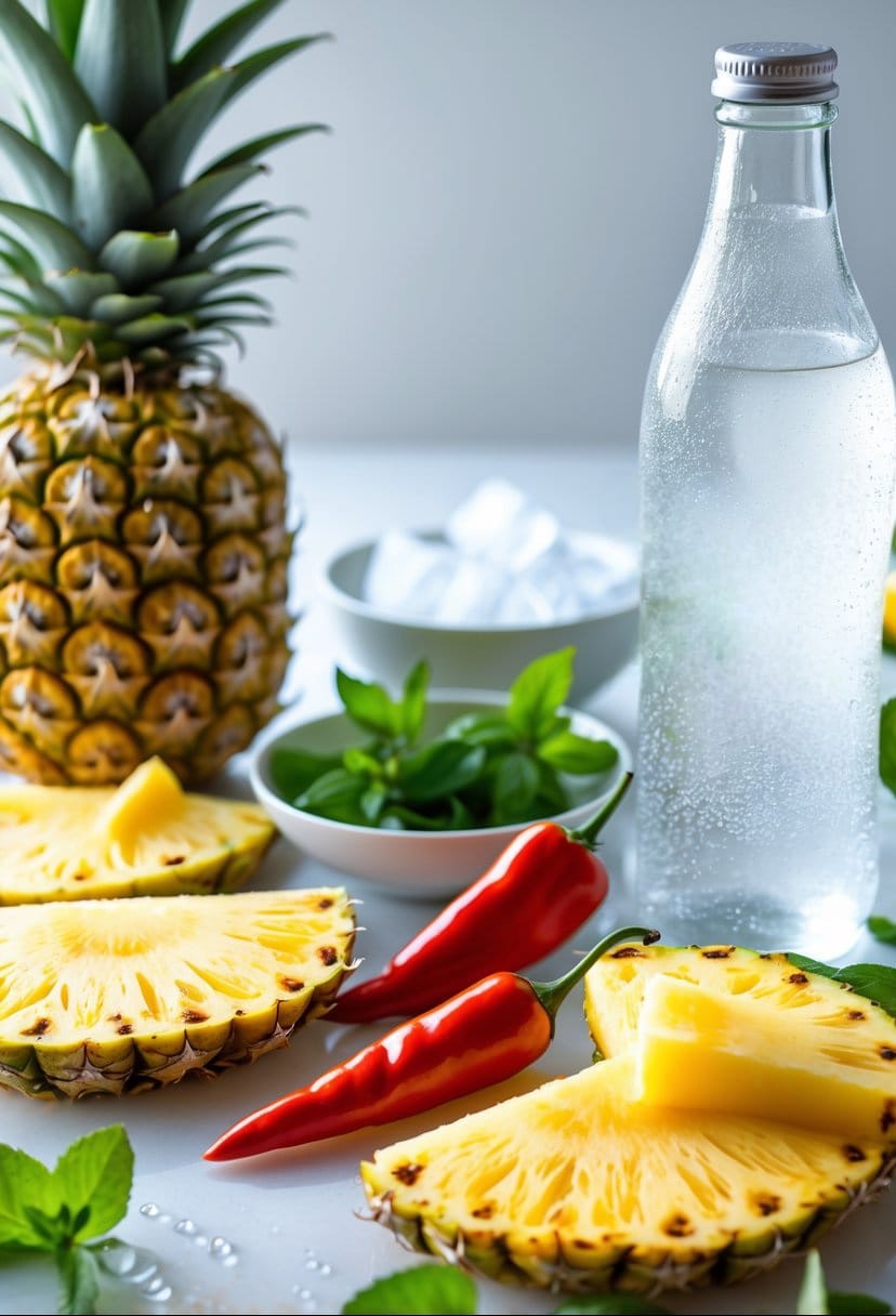 Fresh pineapple slices, red chili peppers, mint leaves, ice cubes, and a bottle of sparkling soda arranged on a bright surface for Pineapple Chili Fizz Recipe.