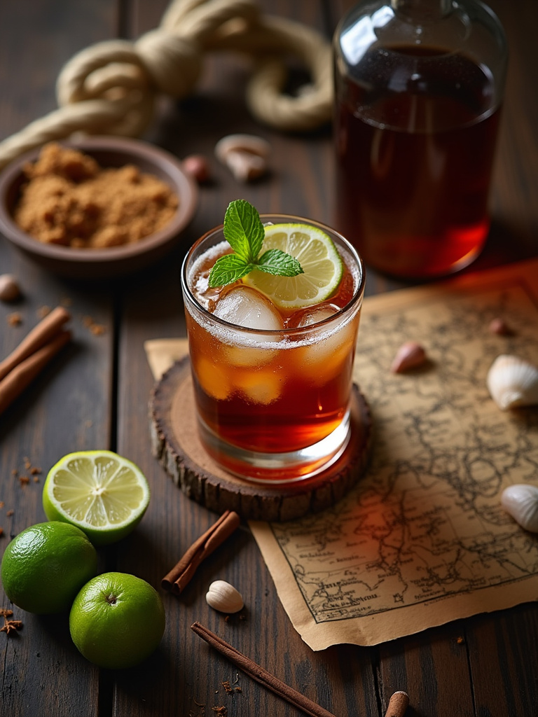 A view of a rustic wooden table featuring the preparation of Pirate’s Grog with dark rum, lime wedges, brown sugar, and warm spices like cinnamon and cloves, surrounded by nautical decorations such as rope, seashells, and an old map in warm, moody lighting.