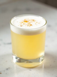 a pisco sour served in a clear rocks glass