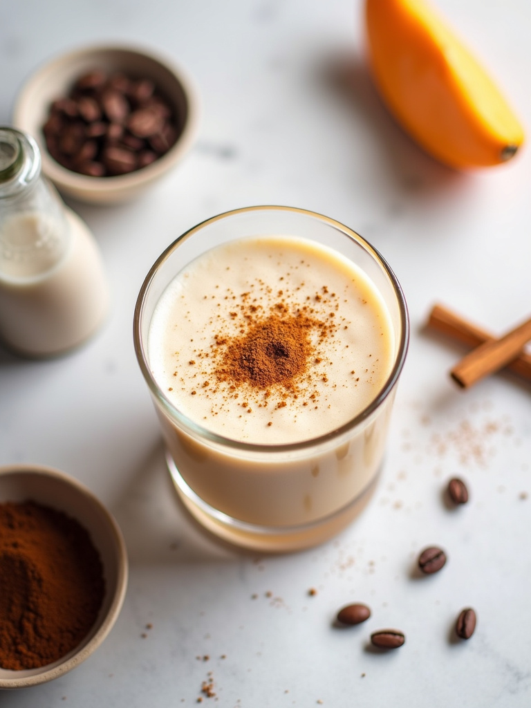 a pumpkin spice white russian in a rocks glass, creamy surface visible with pumpkin spice sprinkled on top.