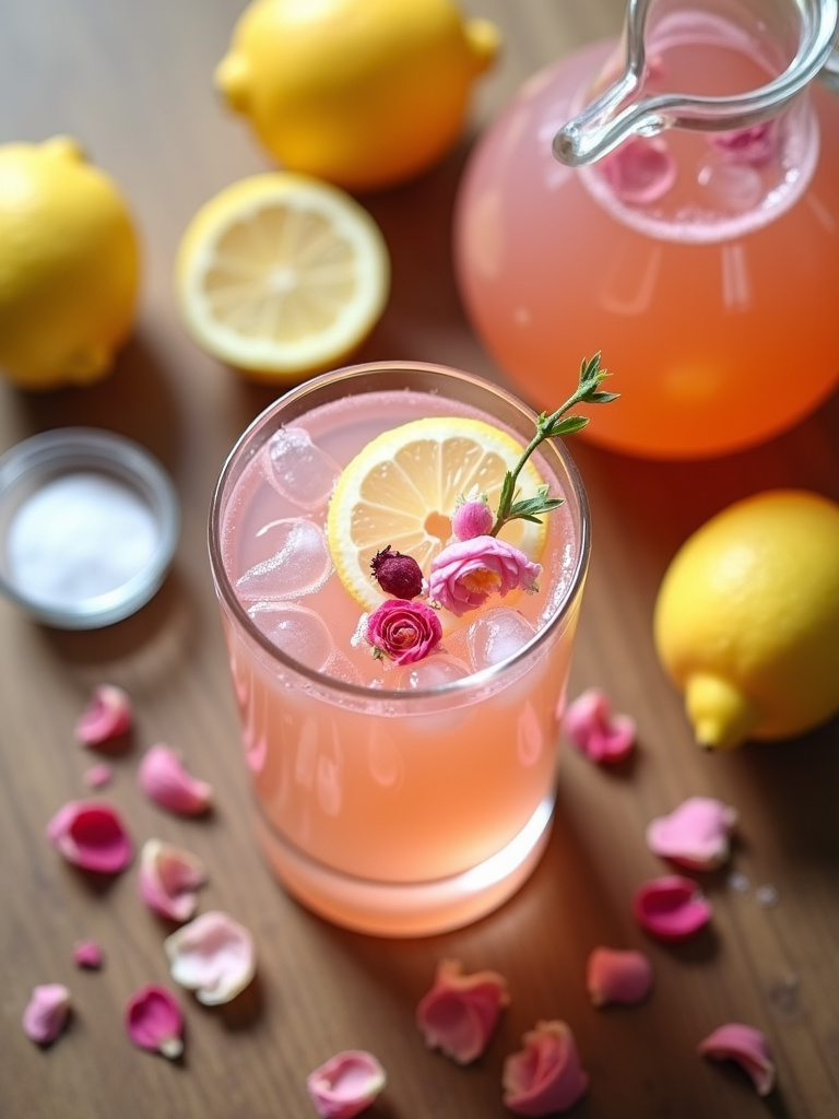 A glass of pink rose lemonade garnished with rose petals and a lemon slice on a wooden table with fresh lemons and rose petals around it.
