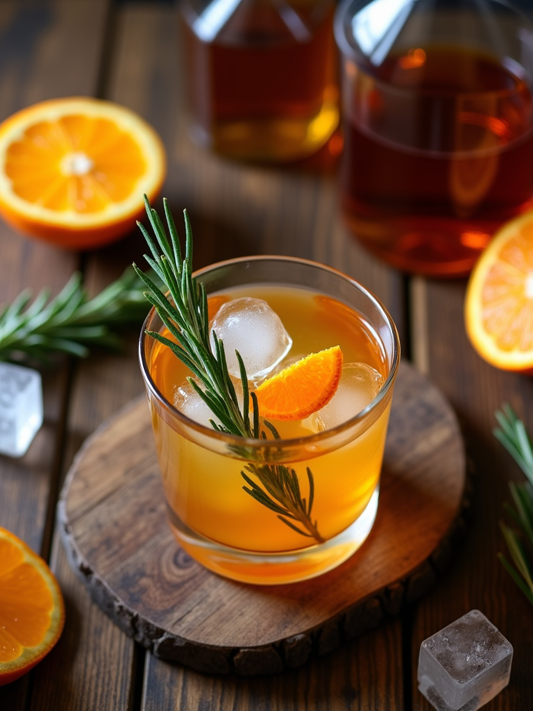 A glass of Rosemary Old Fashioned cocktail garnished with rosemary sprig and orange peel, placed on a rustic wooden bar counter surrounded by cocktail ingredients like orange slices, rosemary, whiskey bottle, and ice cubes in soft warm lighting