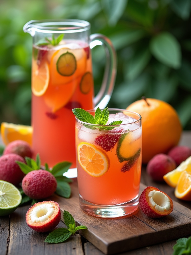 A clear glass and pitcher of lychee sangria filled with citrus slices, lychees, mint leaves, and ice cubes, placed on a rustic wooden table surrounded by fresh lychees, orange wedges, lime slices, and sprigs of mint