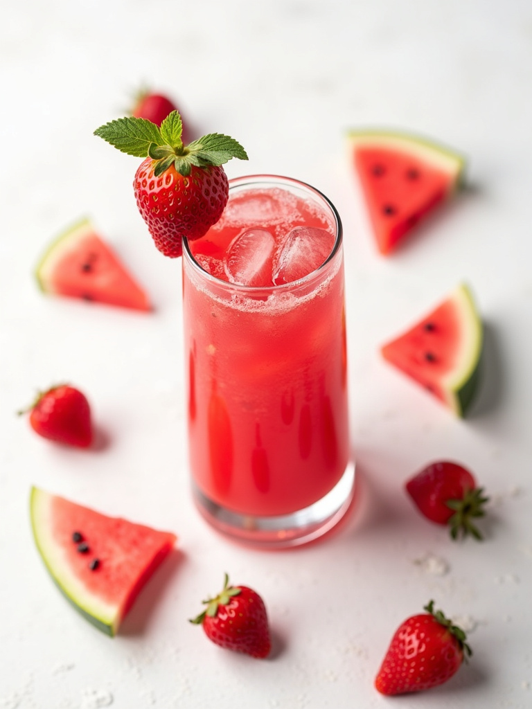 a glass of strawberry watermelon juice with strawberry and watermelon garnish, arranged on a white background with fresh strawberries and watermelon pieces placed around.
