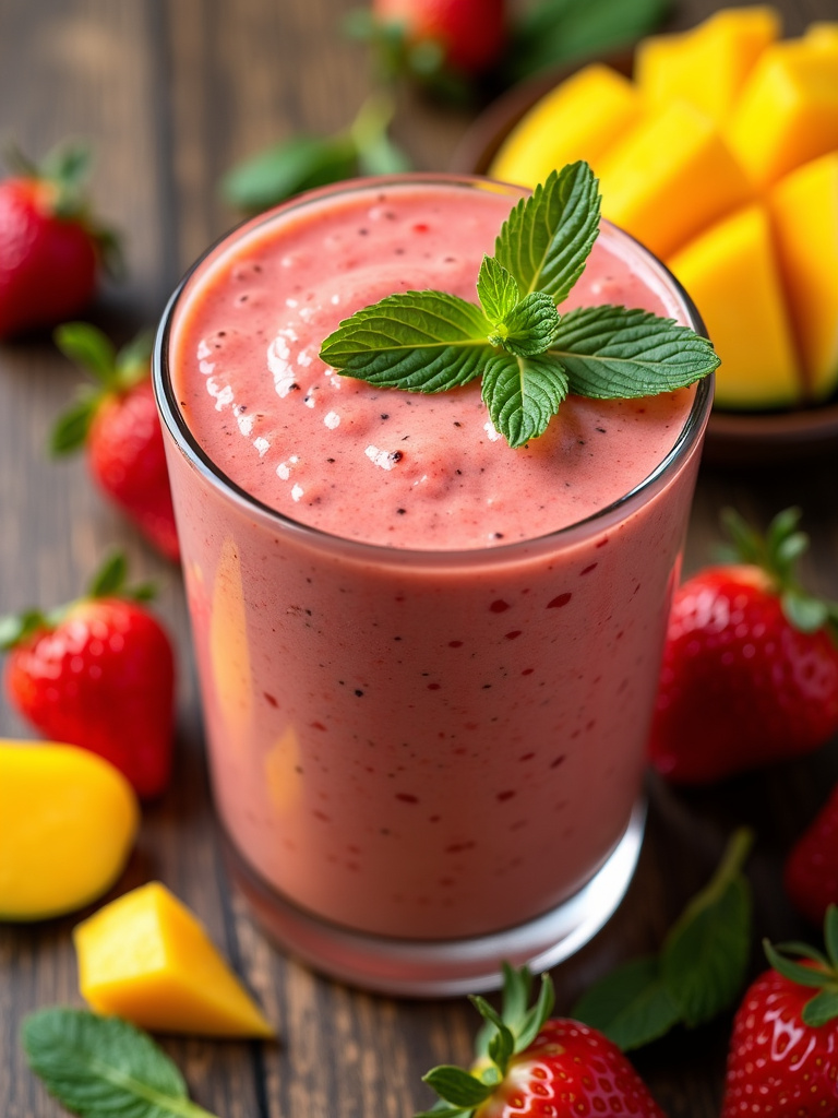 A top angle shot of a glass of strawberry mango smoothie on a wooden table, garnished with mint leaves and surrounded by fresh strawberries and mango pieces.