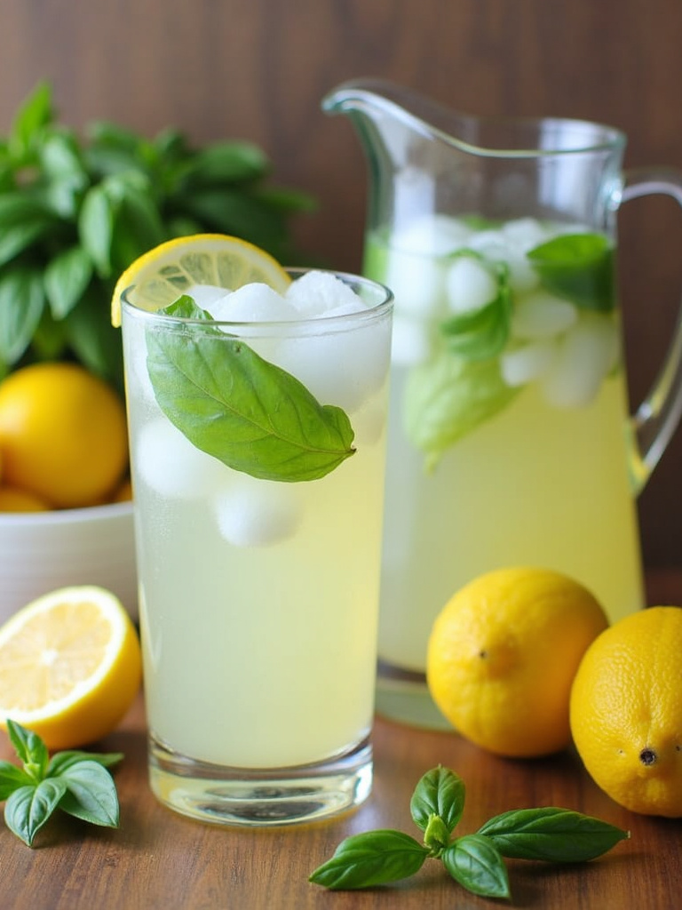 A glass and a clear pitcher of Thai basil lemonade filled with ice cubes and basil leaves, placed on a wooden surface, surrounded by fresh lemons, lemon slices, and sprigs of Thai basil.