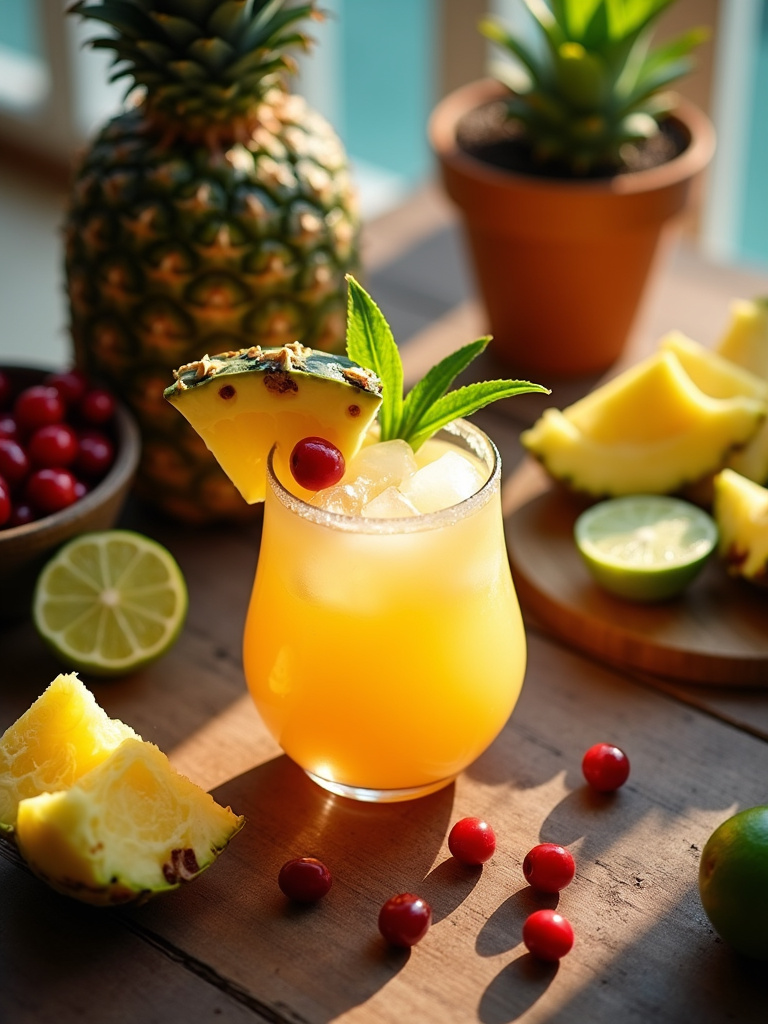 A cozy tropical kitchen bar setup featuring a colorful Island Breeze cocktail garnished with pineapple slice and lime, surrounded by fresh cut pineapples, limes, cranberries on a rustic wooden counter bathed in warm natural sunlight with a relaxed island vibe.