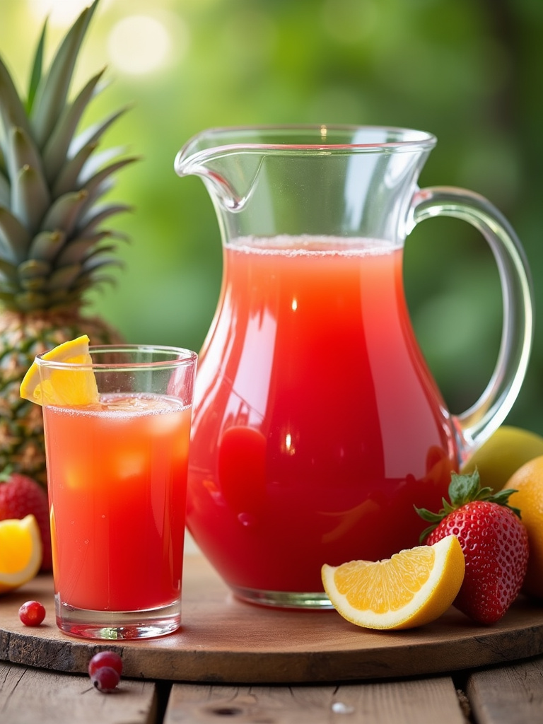 A wooden table decorated with fresh tropical fruits and a clear pitcher of bright red tropical punch, surrounded by glasses filled with the punch.