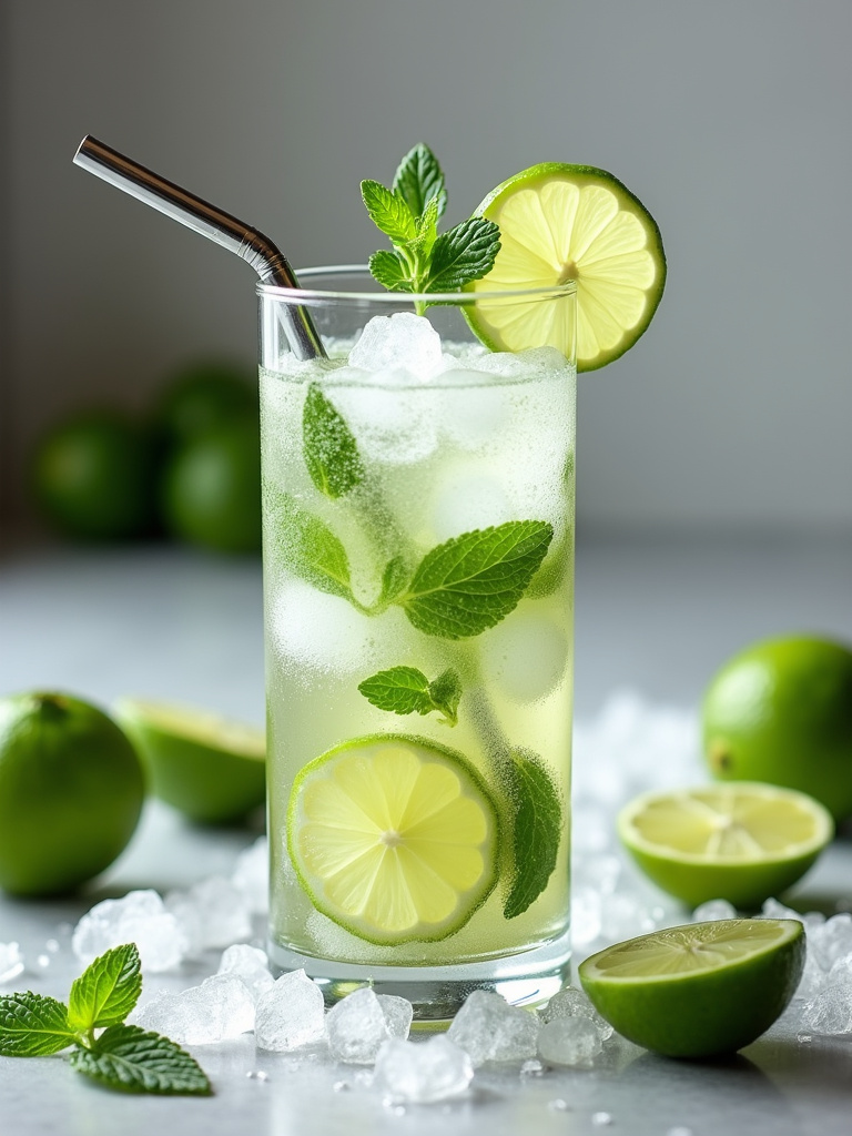 a refreshing Virgin Mojito in a clear glass filled with ice, lime wedges, and fresh mint leaves. Styled on a light wooden table.