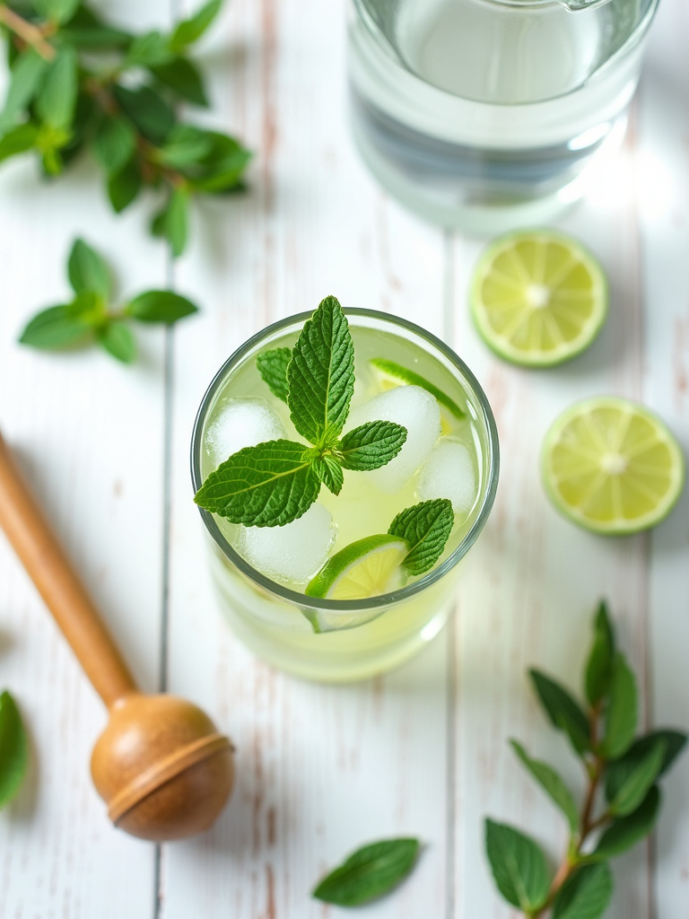 a refreshing Virgin Mojito in a clear glass filled with ice, lime wedges, and fresh mint leaves. Styled on a light wooden table, as seen in the Virgin Mojito Recipe.