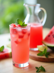 a clear glass filled with vibrant pink Watermelon Agua Fresca, topped with tiny watermelon cubes and a mint sprig.