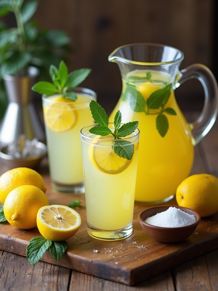 wooden countertop featuring fresh yuzu fruits, a clear glass and pitcher of yuzu lemonade garnished with yuzu slices and mint leaves, with a juicer and sugar bowl placed nearby