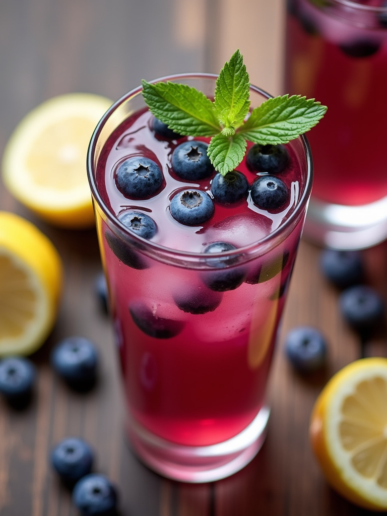 Top-angle shot of A glass of blueberry lemon fizz drink with fresh blueberries, lemon slices, and mint on a wooden table.