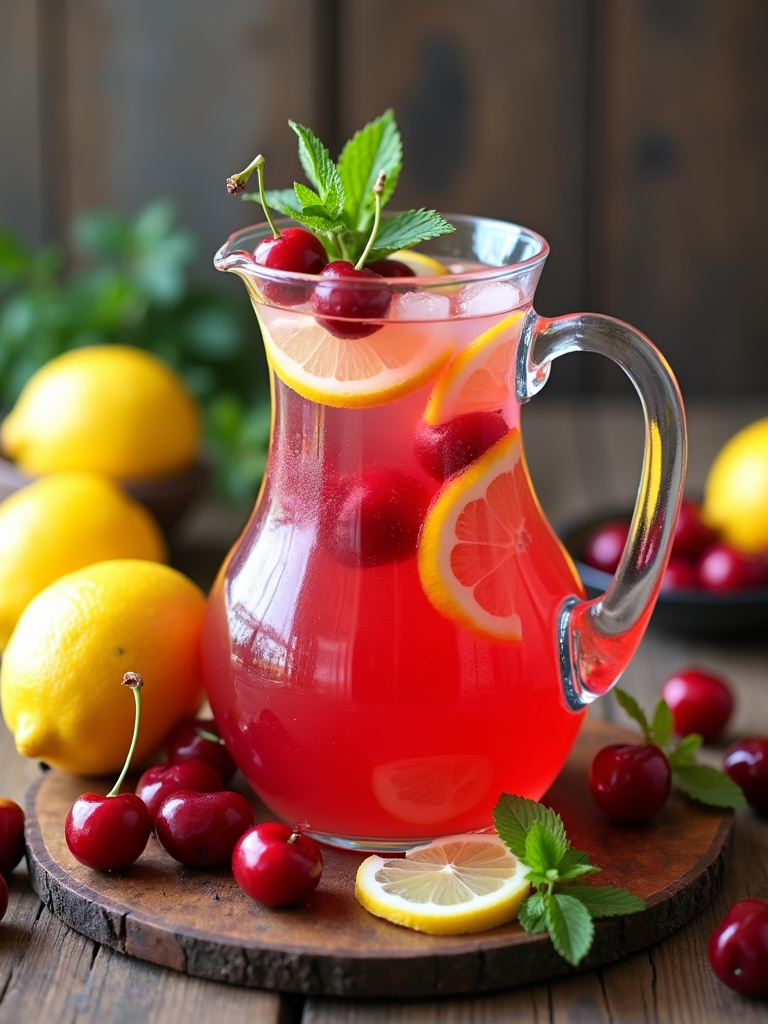 Fresh cherries, lemons, a pitcher of cherry lemonade punch with lemon slices and cherries, and mint leaves arranged on a wooden table for Cherry lemonade punch recipe.