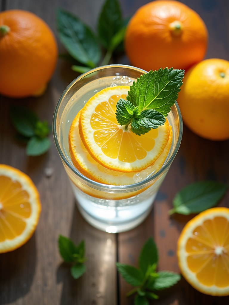 A top-angle shot of a refreshing glass of sparkling water with lemon and orange slices, garnished with mint leaves, placed on a rustic wooden surface surrounded by whole and sliced citrus fruits, fresh mint sprigs in natural light.